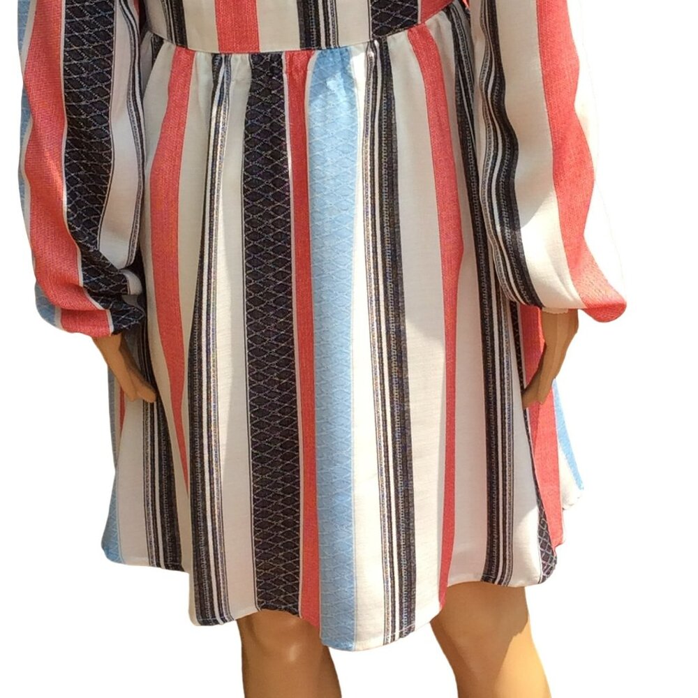 AMT Size M Long Puff Sleeve Dress Gypsy Boho Retro V-Neck Tassel Lace-up Striped - Picture 7 of 13
